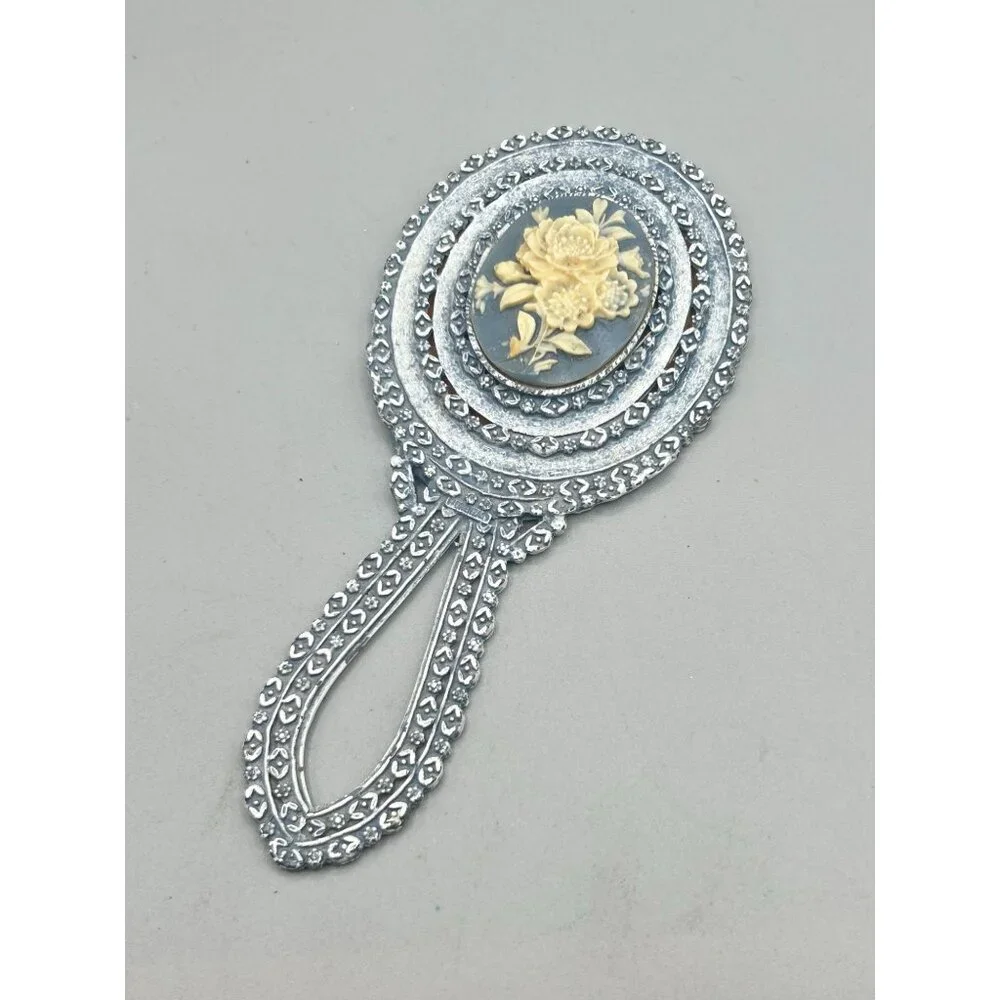 Vintage Florenza Small Hand Mirror Dusty Blue Enamel with Floral Resin Cameo